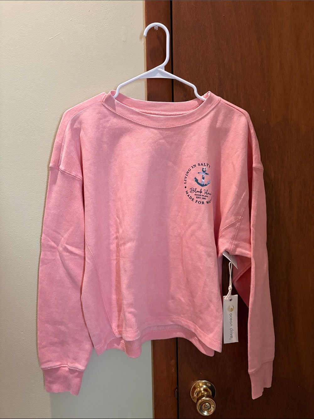 Ocean Drive Pink Crewneck Sweatshirt with Navy Anchor Logo